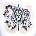 1 Lion with a mane and 2 female lions and a cub with mountains and lightning  tattoo design idea