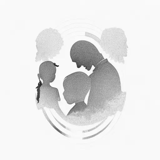 silhouette in lines of a father with his children, a 10-year-old girl and a 5-year-old boy, holding hands tattoo design idea
