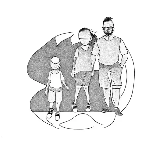 silhouette of a father and their kids, a girl of 10 years old and a boy of 5 years old tattoo design idea