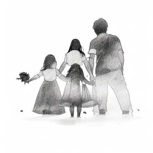 silhouette of a father and their kids, a girl of 10 years old and a boy of 5 years old tattoo design idea