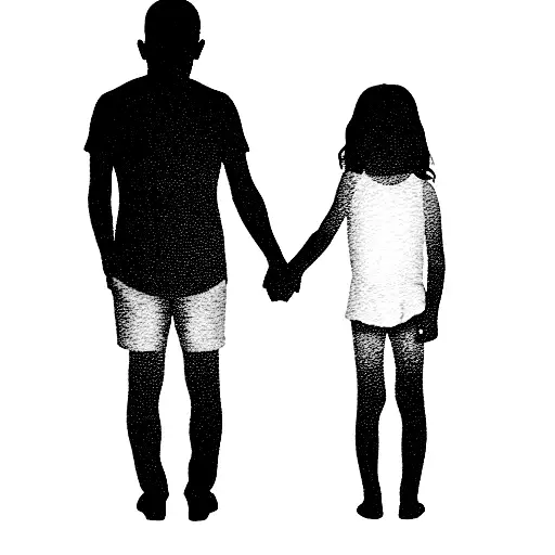 silhouette in lines of a father with his children, a 10-year-old girl and a 5-year-old boy, holding hands tattoo design idea