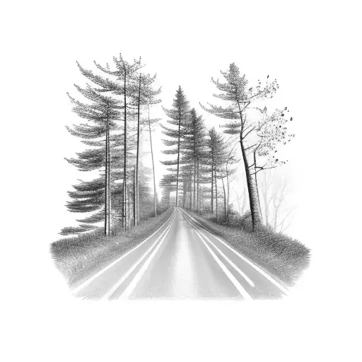 A country road winding through a forest of trees with a Boston terrier riding a motorcycle tattoo design idea