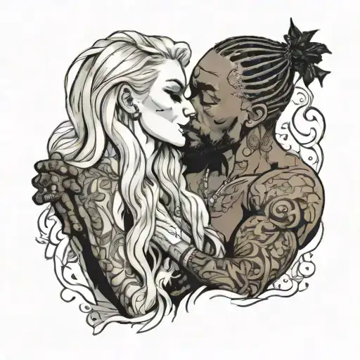 a very muscular black man look kiss a very skinny small white blonde female tattoo design idea