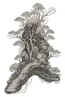 A trail winding through a forest with a hidden musical instrument along the path tattoo design idea