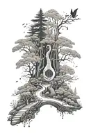 A trail winding through a forest with a hidden musical instrument along the path tattoo design idea