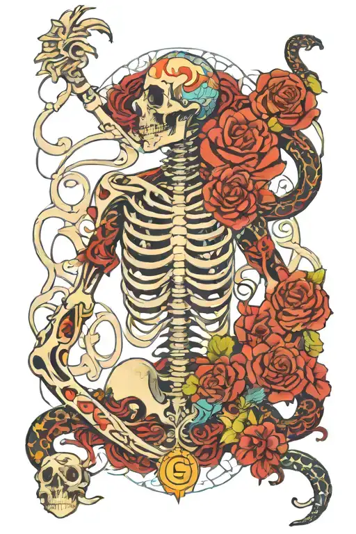 kundalini start dna and hug king kobra snake skeleton on back and finish arm tattoo design idea