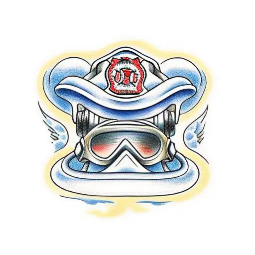 A firefighter's helmet surrounded by a beach landscape tattoo design idea
