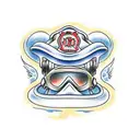 A firefighter's helmet surrounded by a beach landscape tattoo design idea