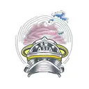 A firefighter's helmet surrounded by a beach landscape tattoo design idea